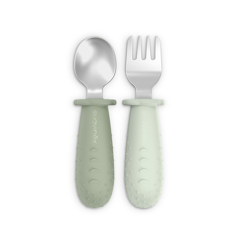 Suavinex Set Posate Ergonomiche in Acciaio Color Essence Verde 2 pz